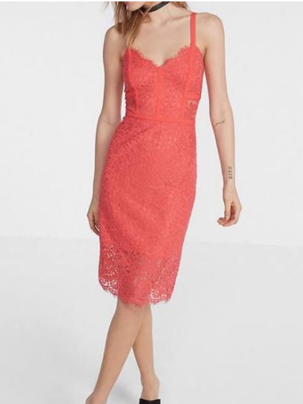 Express Coral Lace Midi Dress with Spaghetti Straps